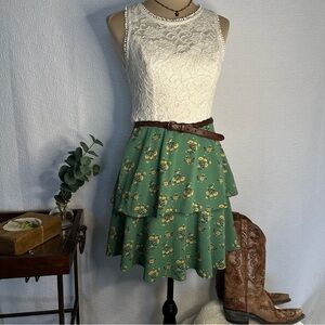 TEEZE ME Junior’s Women Green/Ivory Lace Floral Mini Dress Size 11/12
